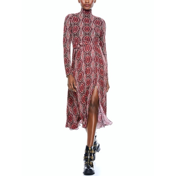 Alice + Olivia Clare Turtleneck Long Sleeve Midi Boho Burgundy Red Dress - Picture 4 of 16